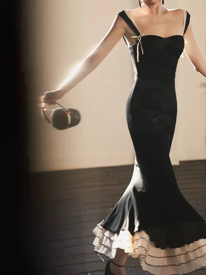 Black and White Ruffled Mermaid Gown – Sweetheart Straps Formal Evening Dress