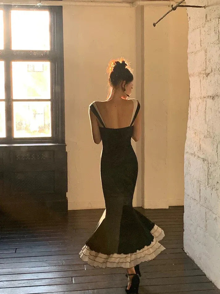 Black and White Ruffled Mermaid Gown – Sweetheart Straps Formal Evening Dress