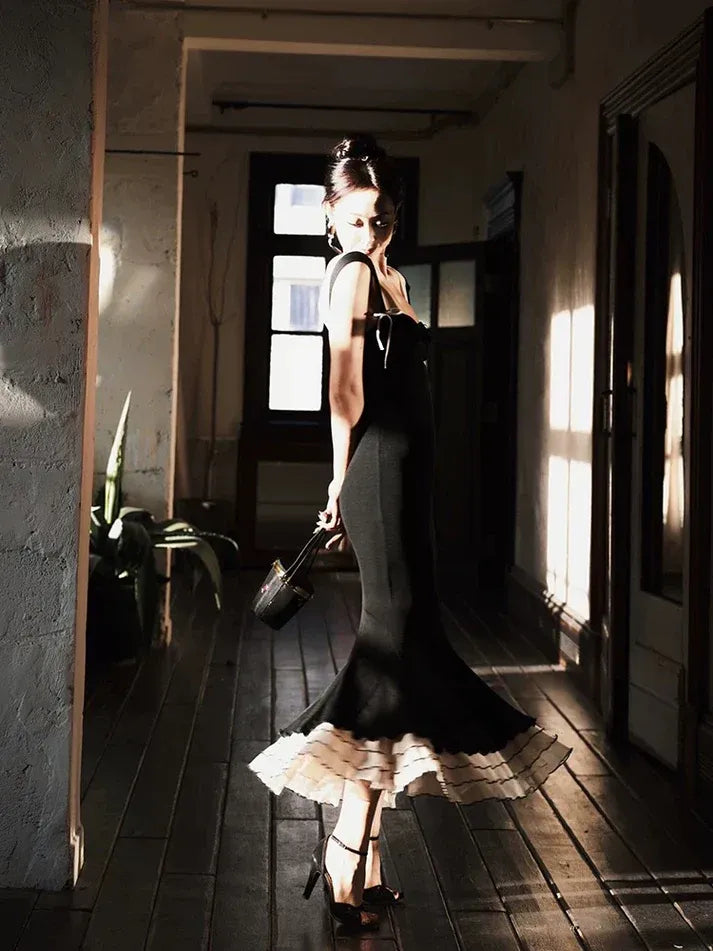 Black and White Ruffled Mermaid Gown – Sweetheart Straps Formal Evening Dress