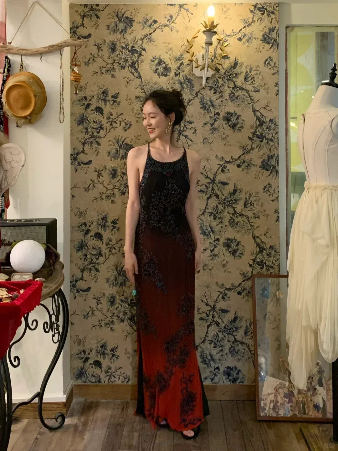 Black to Crimson Ombré Halter Open Back Maxi Gown