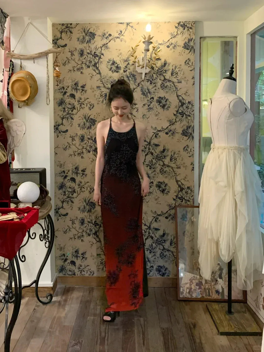 Black to Crimson Ombré Halter Open Back Maxi Gown