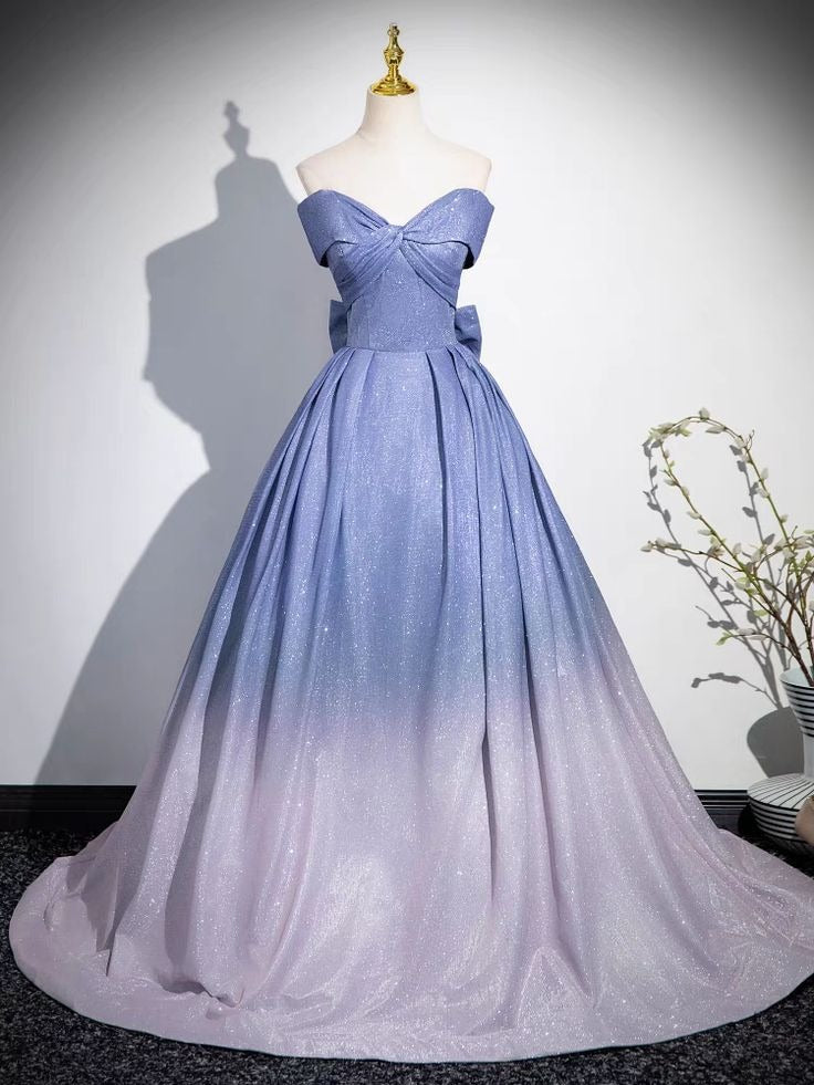 Blue-to-Purple Ombre Off-the-Shoulder Glitter Ball Gown with Bow