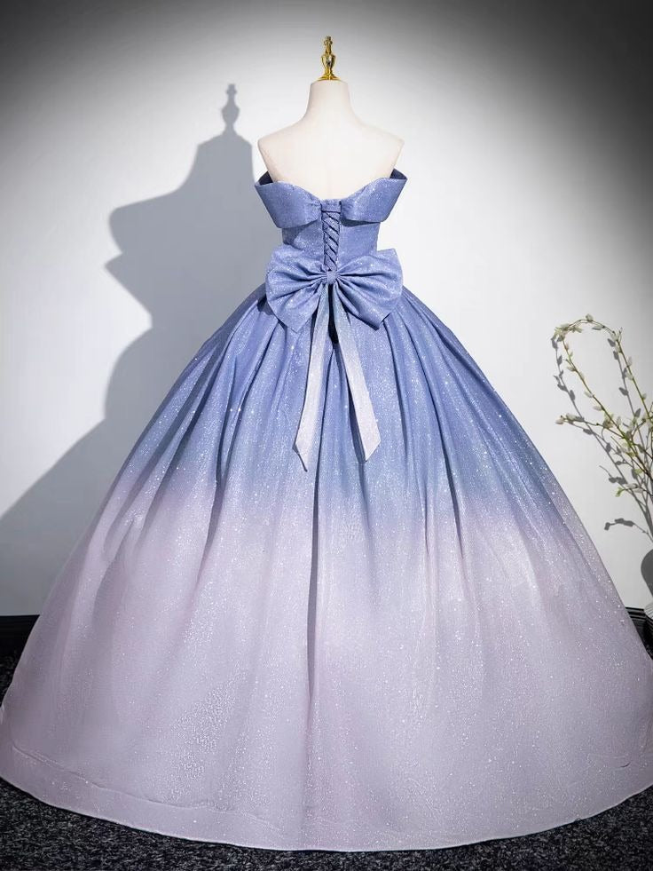 Blue-to-Purple Ombre Off-the-Shoulder Glitter Ball Gown with Bow