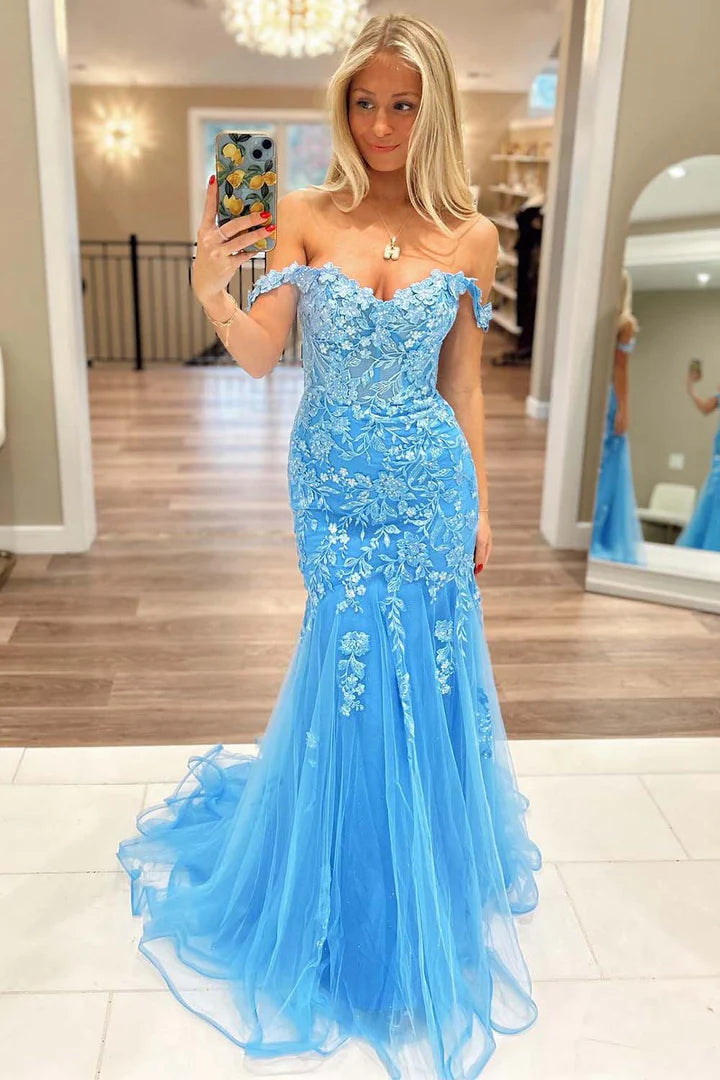 Blue Corset Appliques Prom Dress