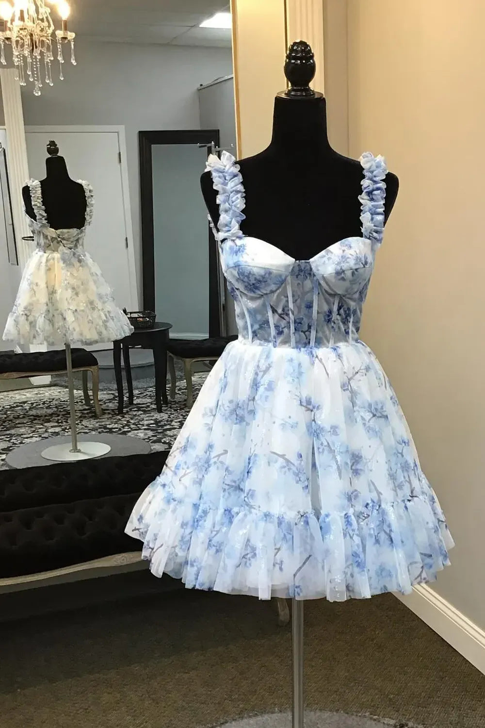 Blue Floral Print Ruffle Strap Corset Tulle A-Line Homecoming Dress