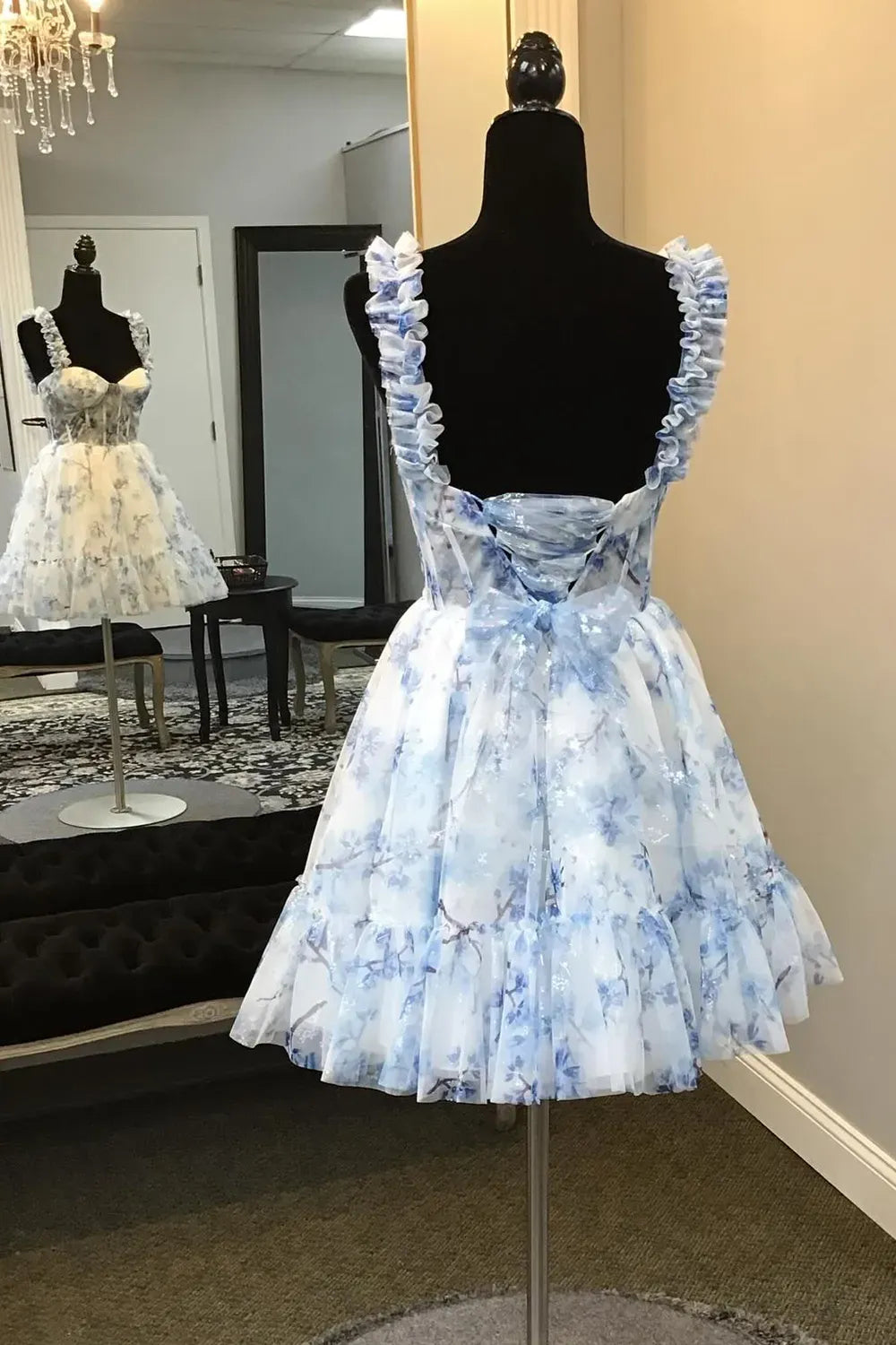 Blue Floral Print Ruffle Strap Corset Tulle A-Line Homecoming Dress