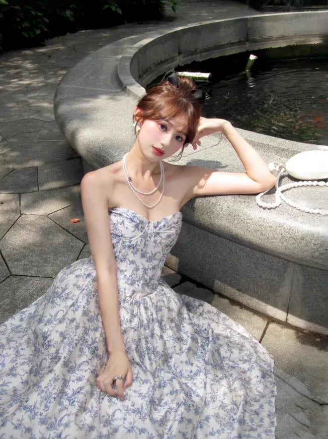 Blue Floral Print Strapless Corset Midi Dress – Vintage Garden Party Gown
