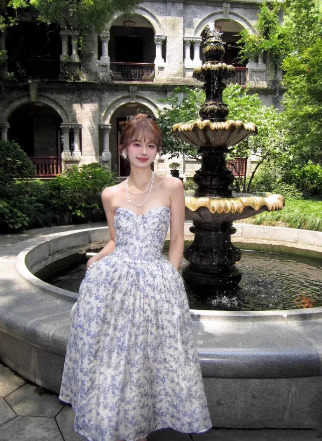 Blue Floral Print Strapless Corset Midi Dress – Vintage Garden Party Gown