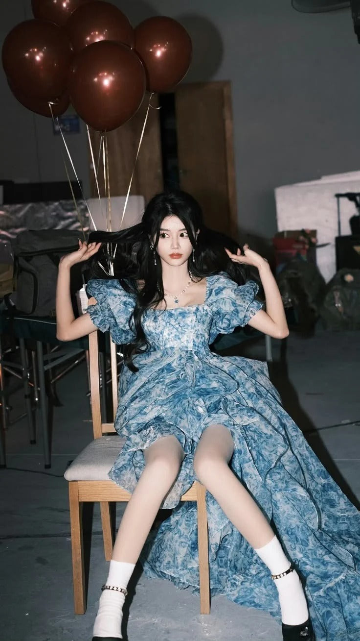 Blue Floral Ruffled High-Low Dress – Puff Sleeve Square Neck Formal Dress