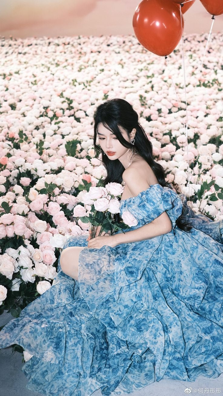 Blue Floral Ruffled High-Low Dress – Puff Sleeve Square Neck Formal Dress