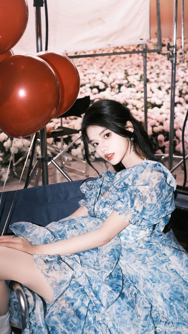 Blue Floral Ruffled High-Low Dress – Puff Sleeve Square Neck Formal Dress