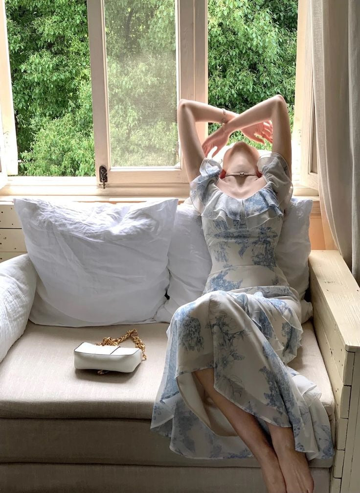 Blue Floral Ruffled Square Neck Mermaid Midi Dress