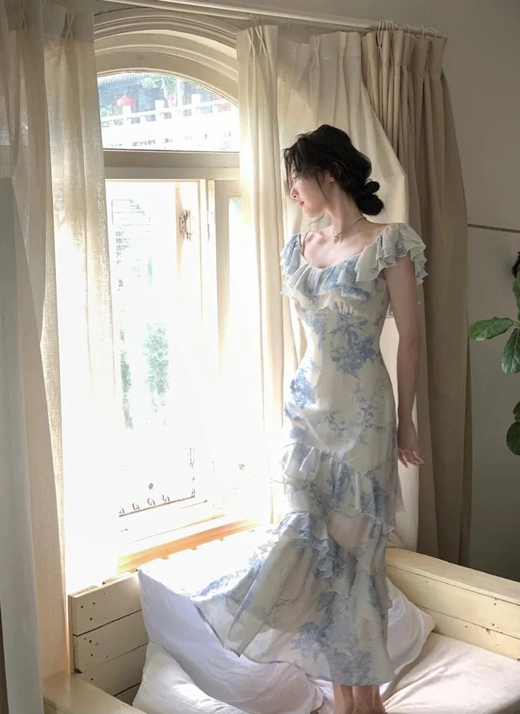 Blue Floral Ruffled Square Neck Mermaid Midi Dress