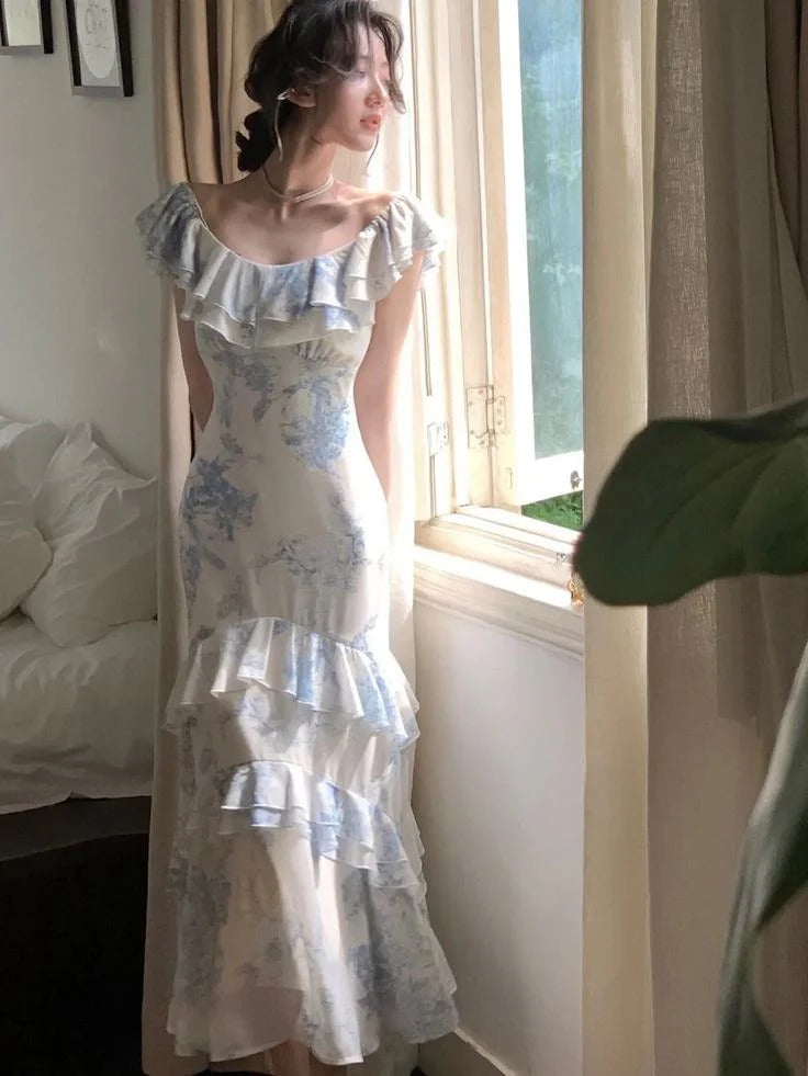 Blue Floral Ruffled Square Neck Mermaid Midi Dress