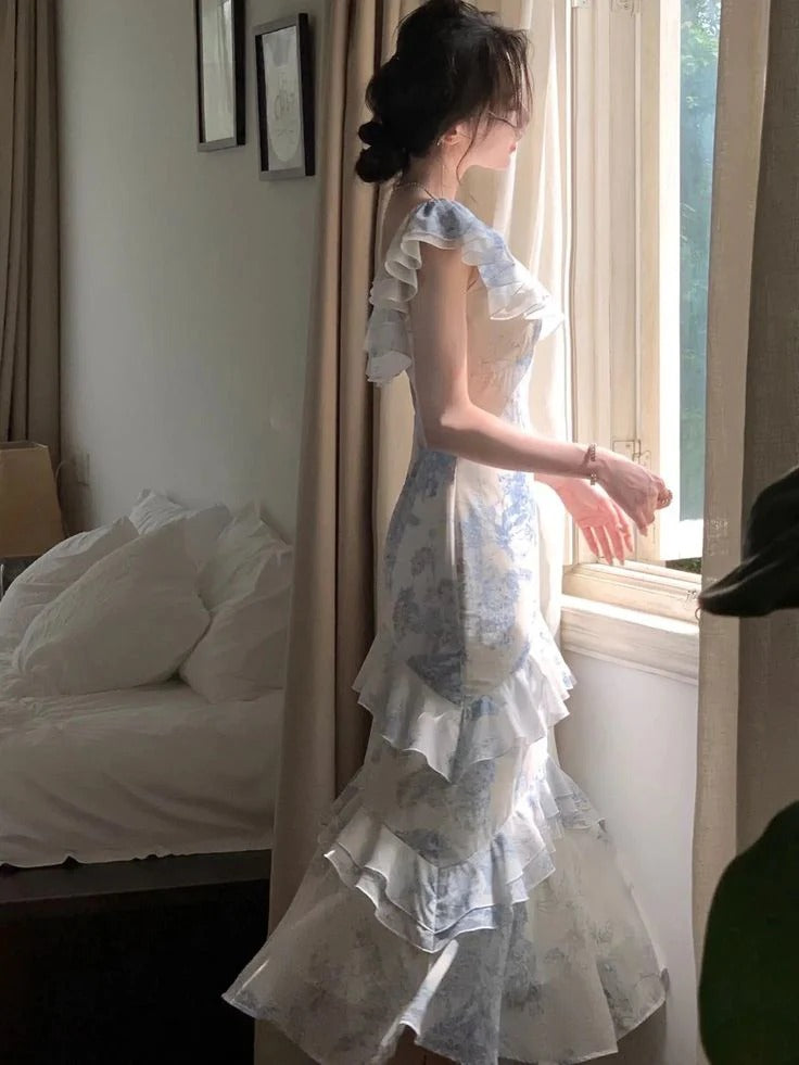 Blue Floral Ruffled Square Neck Mermaid Midi Dress