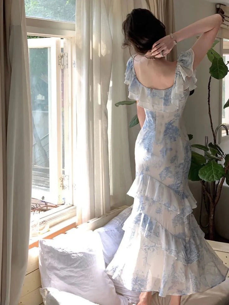 Blue Floral Ruffled Square Neck Mermaid Midi Dress