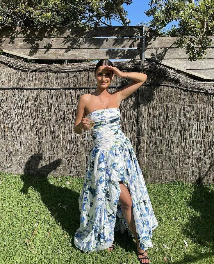 Blue Floral Strapless High-Low Gown – Ruched Bodice Prom Dress with Slit