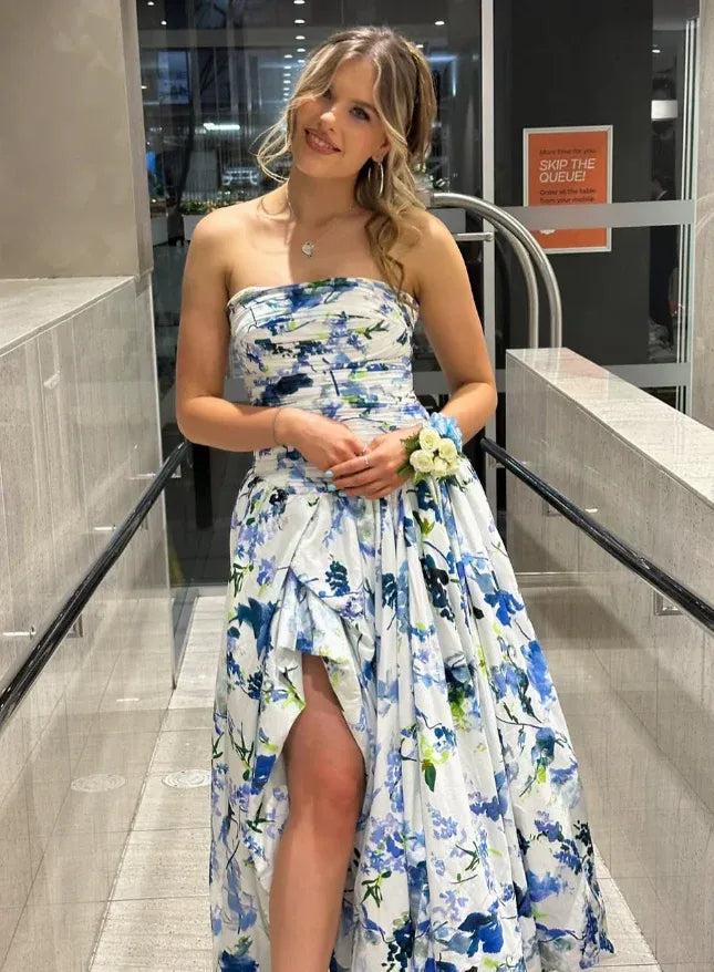 Blue Floral Strapless High-Low Gown – Ruched Bodice Prom Dress with Slit