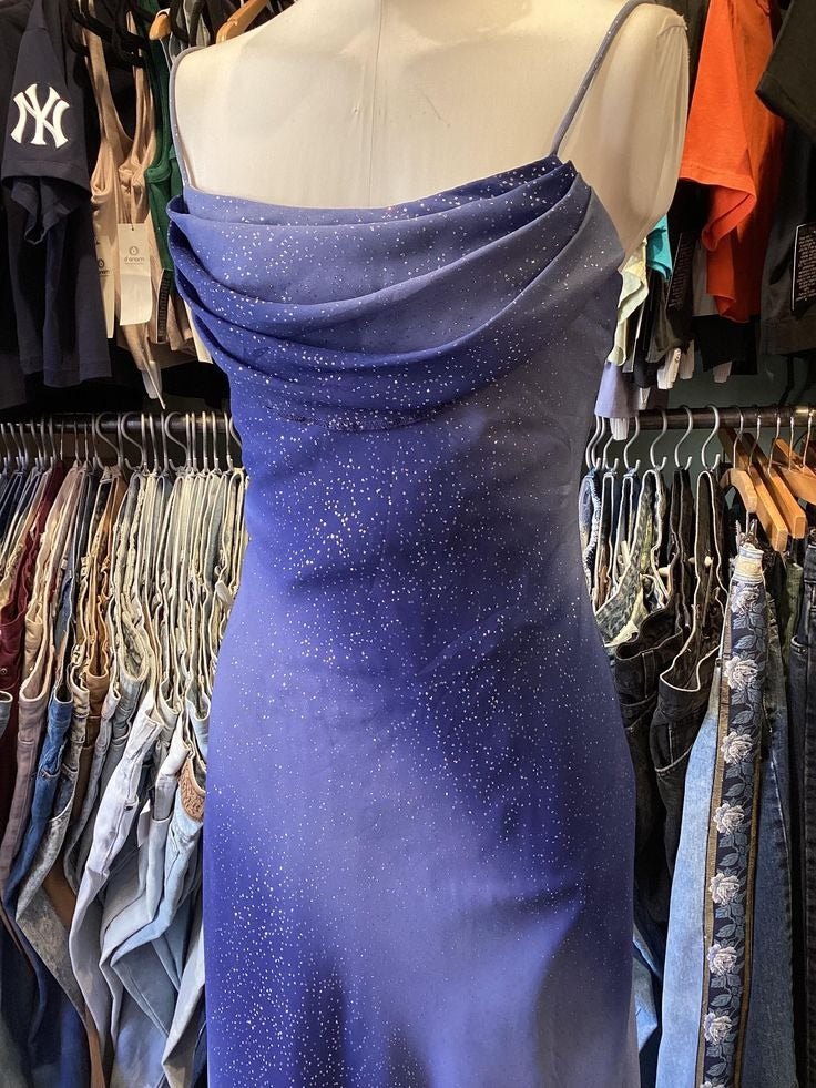 Blue Glitter Spaghetti-Strap Cowl Neck Maxi Dress