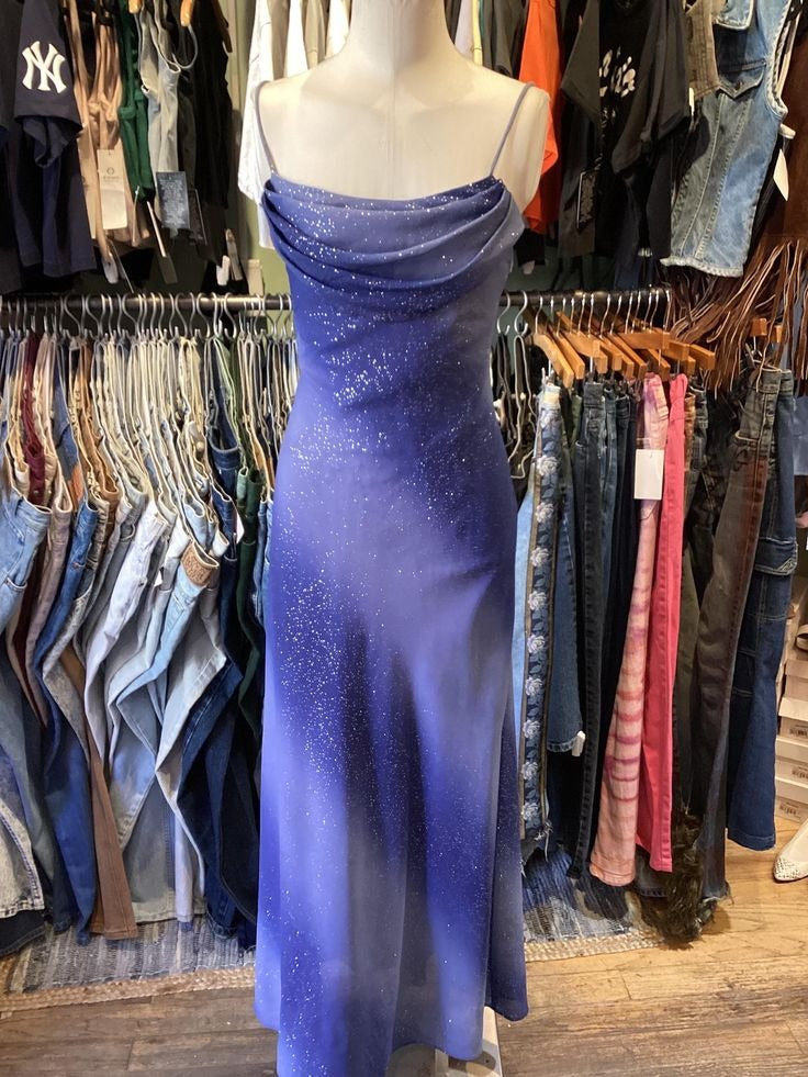 Blue Glitter Spaghetti-Strap Cowl Neck Maxi Dress