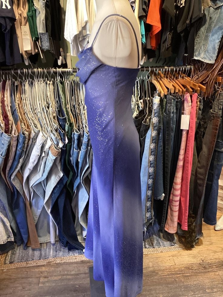 Blue Glitter Spaghetti-Strap Cowl Neck Maxi Dress