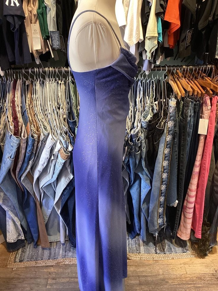 Blue Glitter Spaghetti-Strap Cowl Neck Maxi Dress