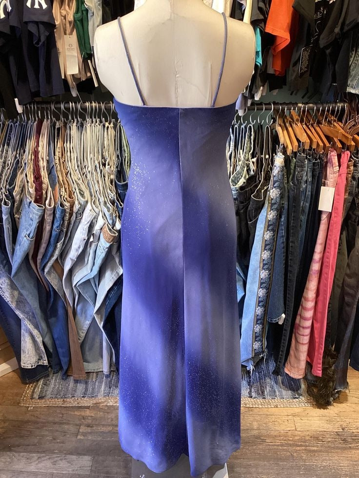 Blue Glitter Spaghetti-Strap Cowl Neck Maxi Dress