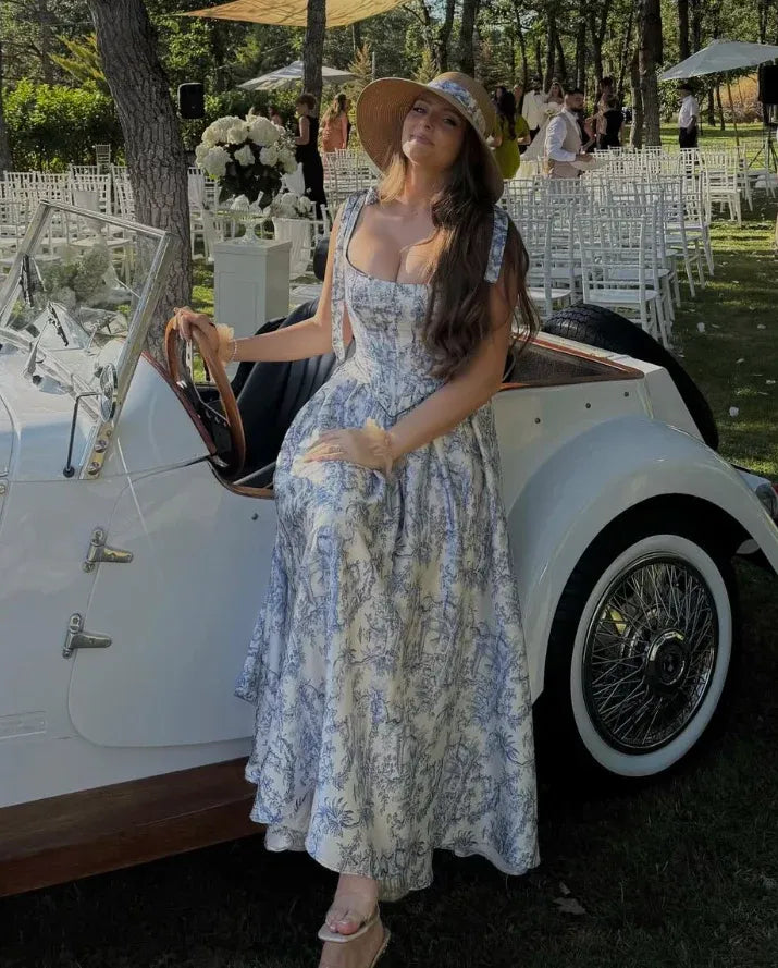 Blue & White Toile De Jouy Spaghetti Strap Fit-and-Flare Maxi Dress
