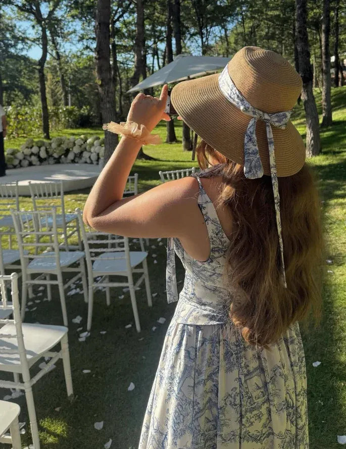 Blue & White Toile De Jouy Spaghetti Strap Fit-and-Flare Maxi Dress