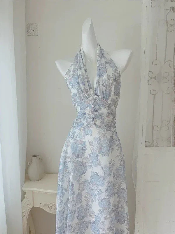 Blue and White Floral Halter Neck Chiffon A-Line Maxi Dress