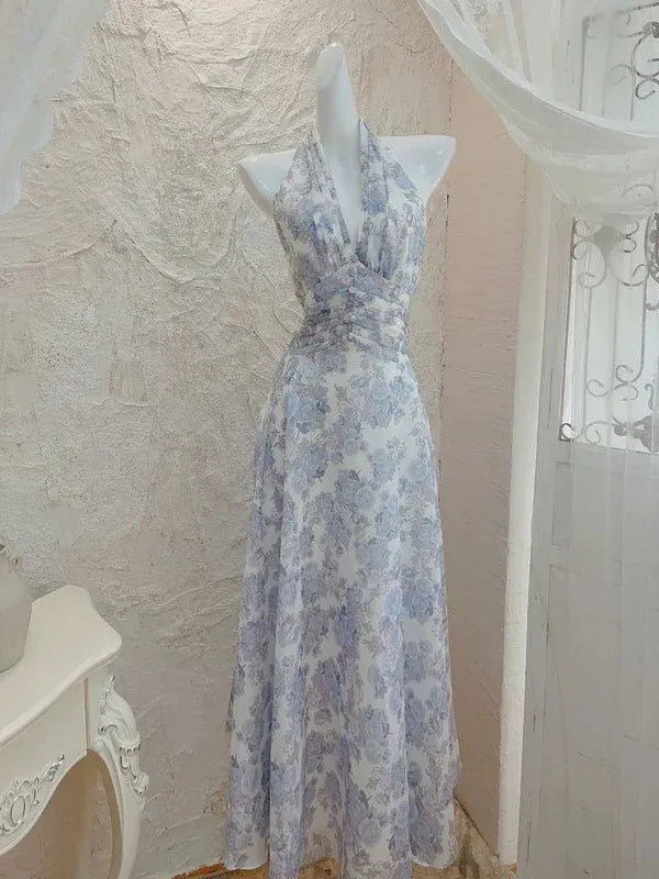 Blue and White Floral Halter Neck Chiffon A-Line Maxi Dress