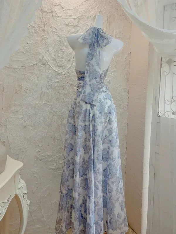 Blue and White Floral Halter Neck Chiffon A-Line Maxi Dress