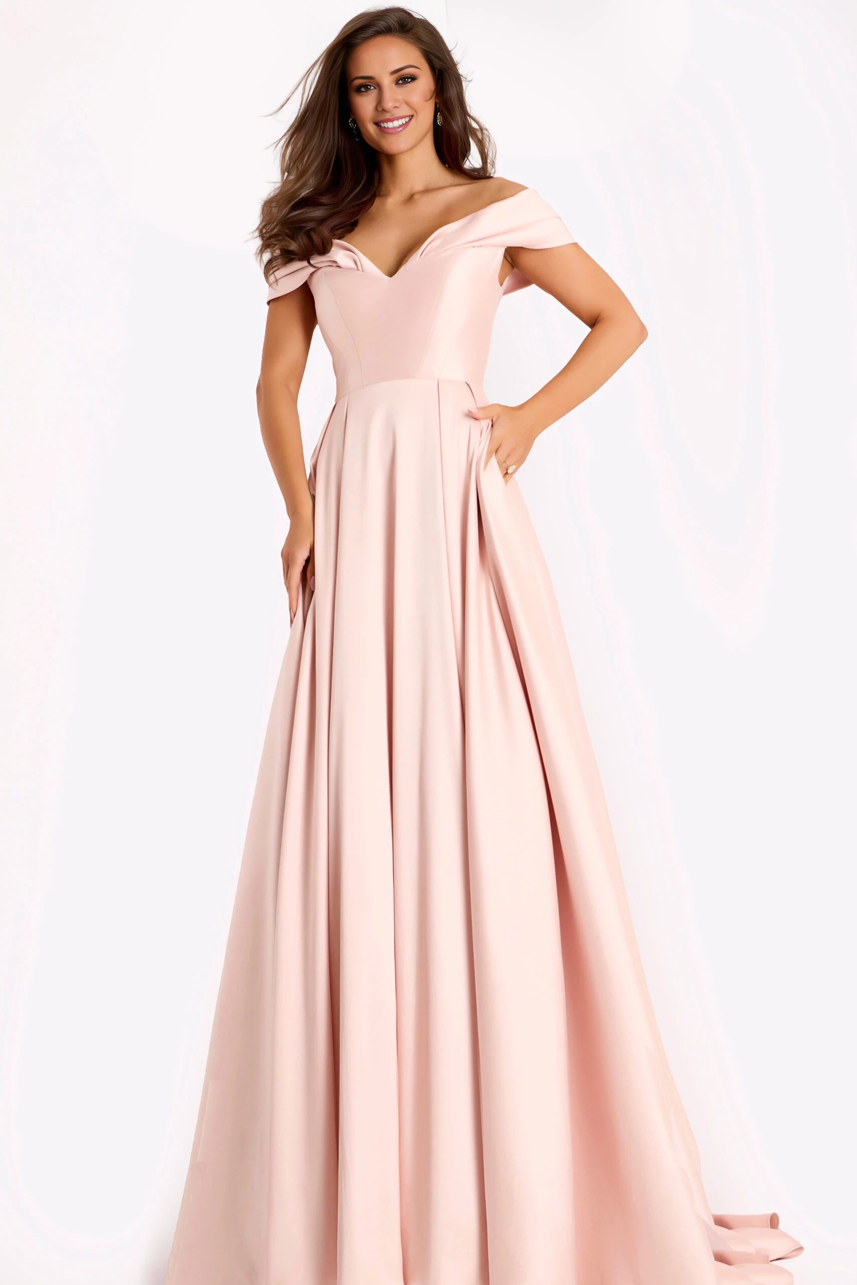 Blush Evening Gown With Flowing Skirt Evening Dresses