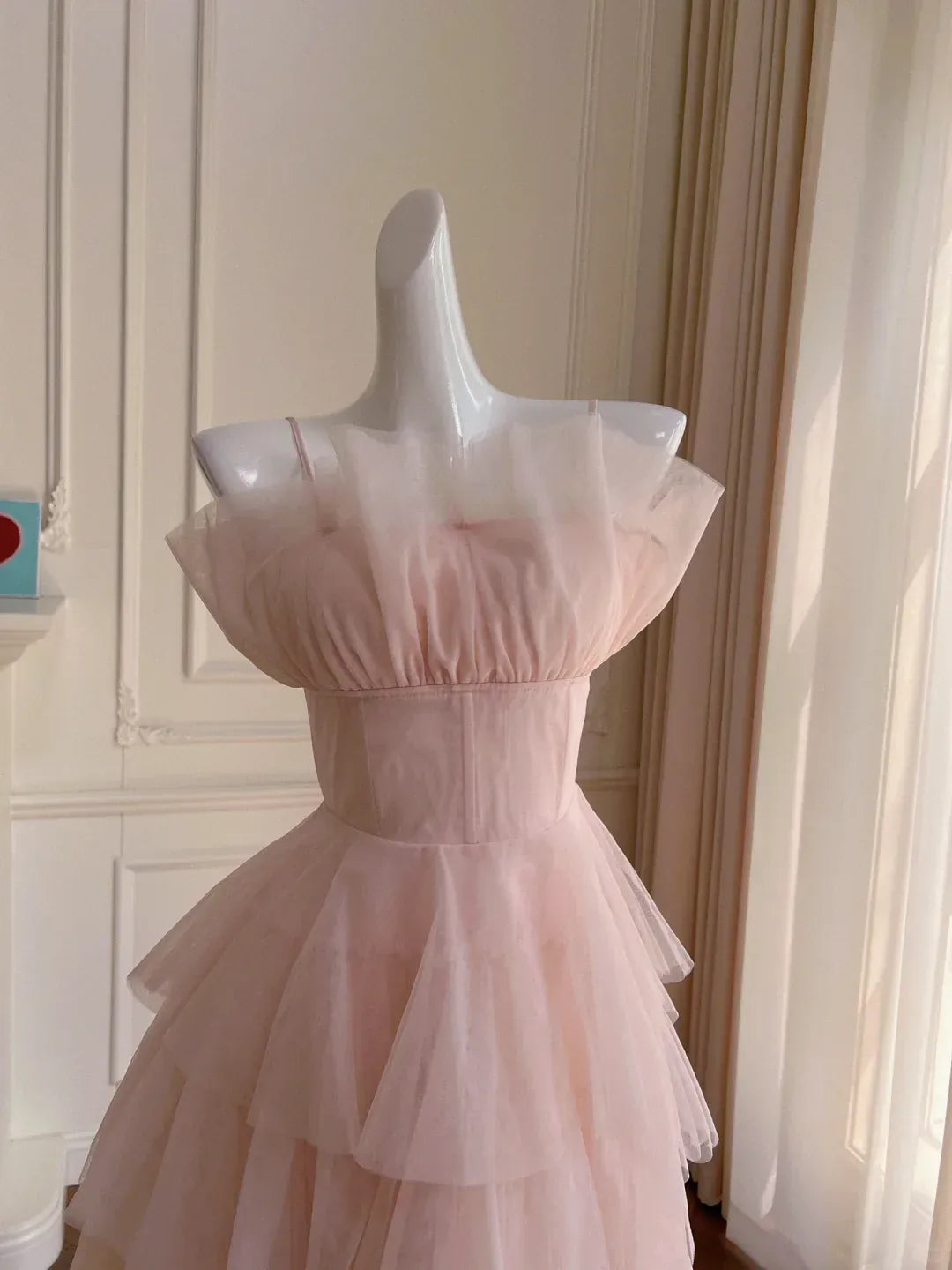 Blush Off-the-Shoulder Tiered Ruffle Tulle Gown with Corset Bodice