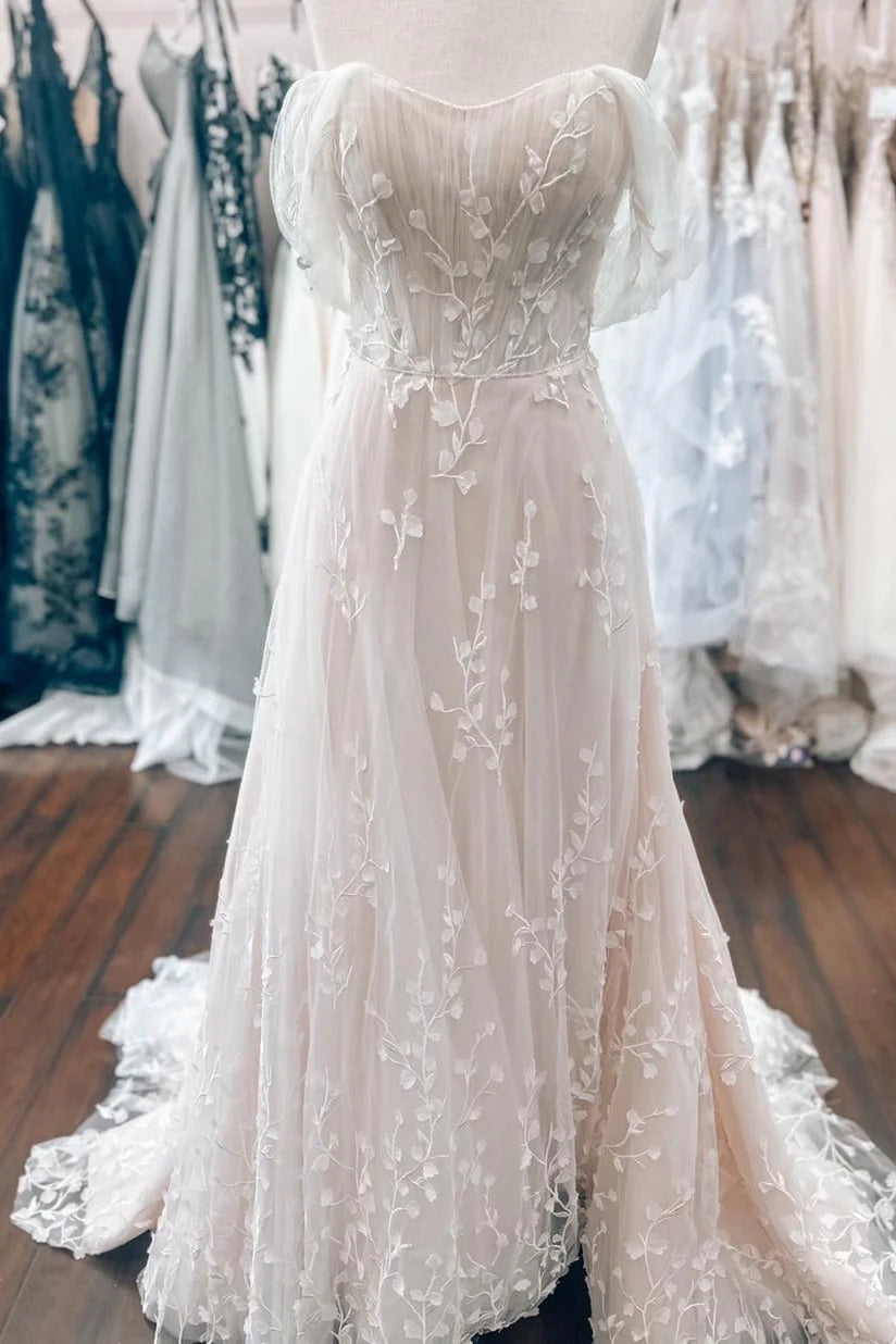 Blush Off-the-Shoulder Wedding Dress with Floral Appliques and Tulle Train