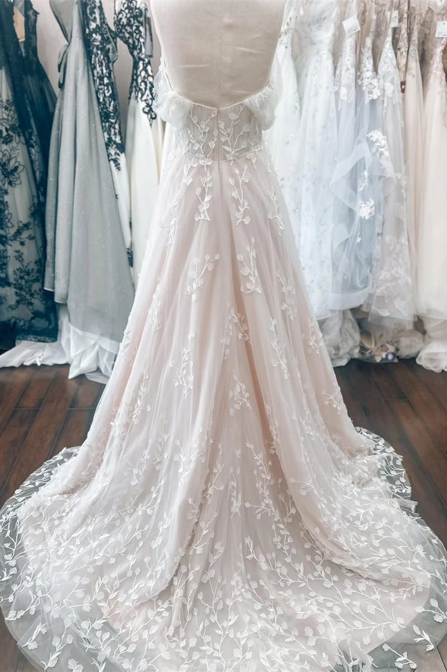 Blush Off-the-Shoulder Wedding Dress with Floral Appliques and Tulle Train