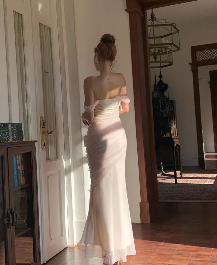Blush Pink 3D Floral Off-the-Shoulder Ruched Mermaid Gown