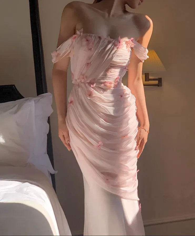 Blush Pink 3D Floral Off-the-Shoulder Ruched Mermaid Gown