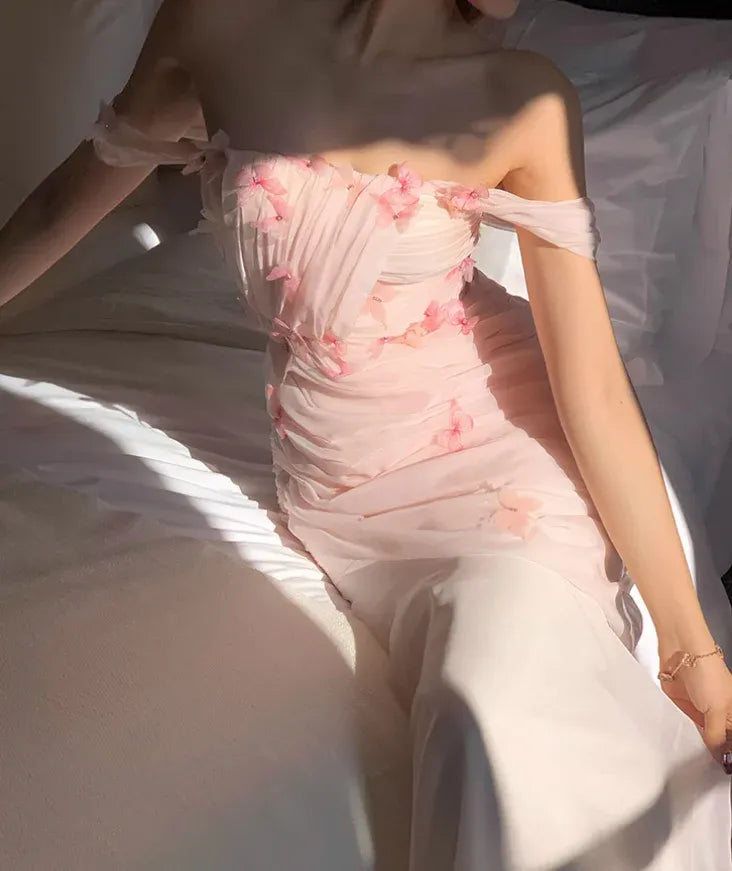 Blush Pink 3D Floral Off-the-Shoulder Ruched Mermaid Gown