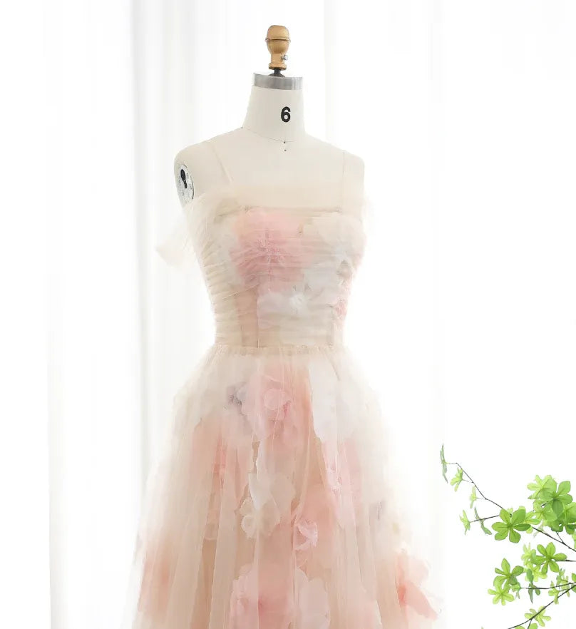 Blush Pink 3D Floral Tulle Off-the-Shoulder Corset A-Line Gown