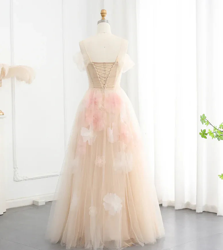 Blush Pink 3D Floral Tulle Off-the-Shoulder Corset A-Line Gown