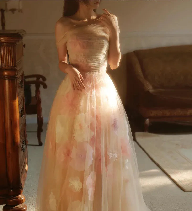 Blush Pink 3D Floral Tulle Off-the-Shoulder Corset A-Line Gown