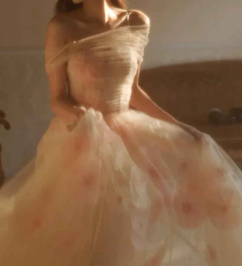 Blush Pink 3D Floral Tulle Off-the-Shoulder Corset A-Line Gown