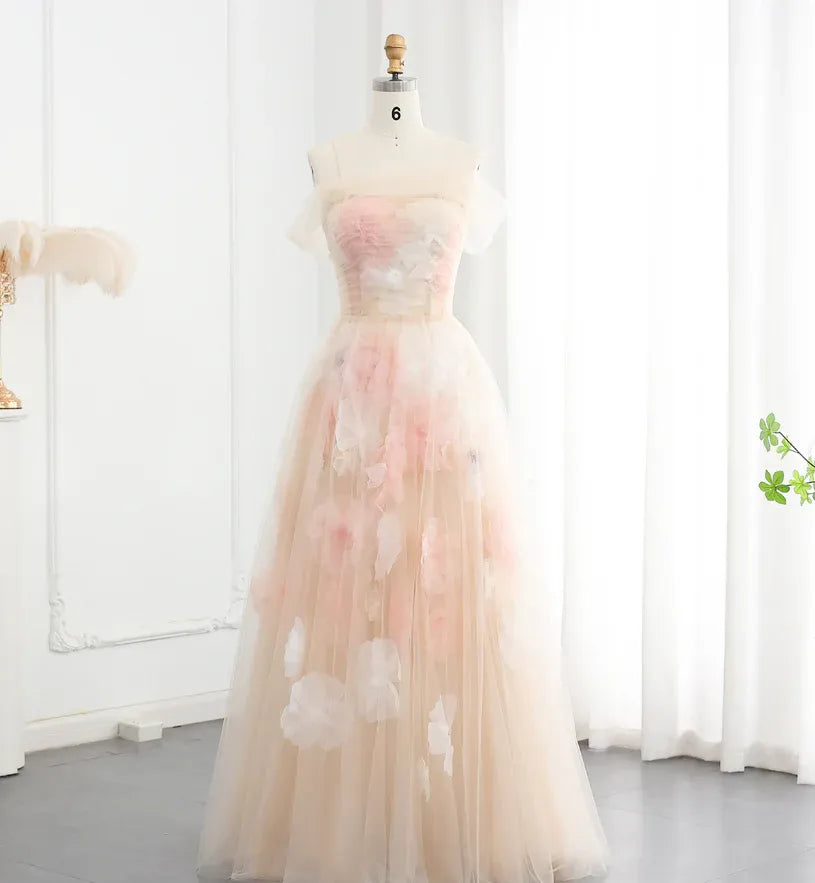 Blush Pink 3D Floral Tulle Off-the-Shoulder Corset A-Line Gown