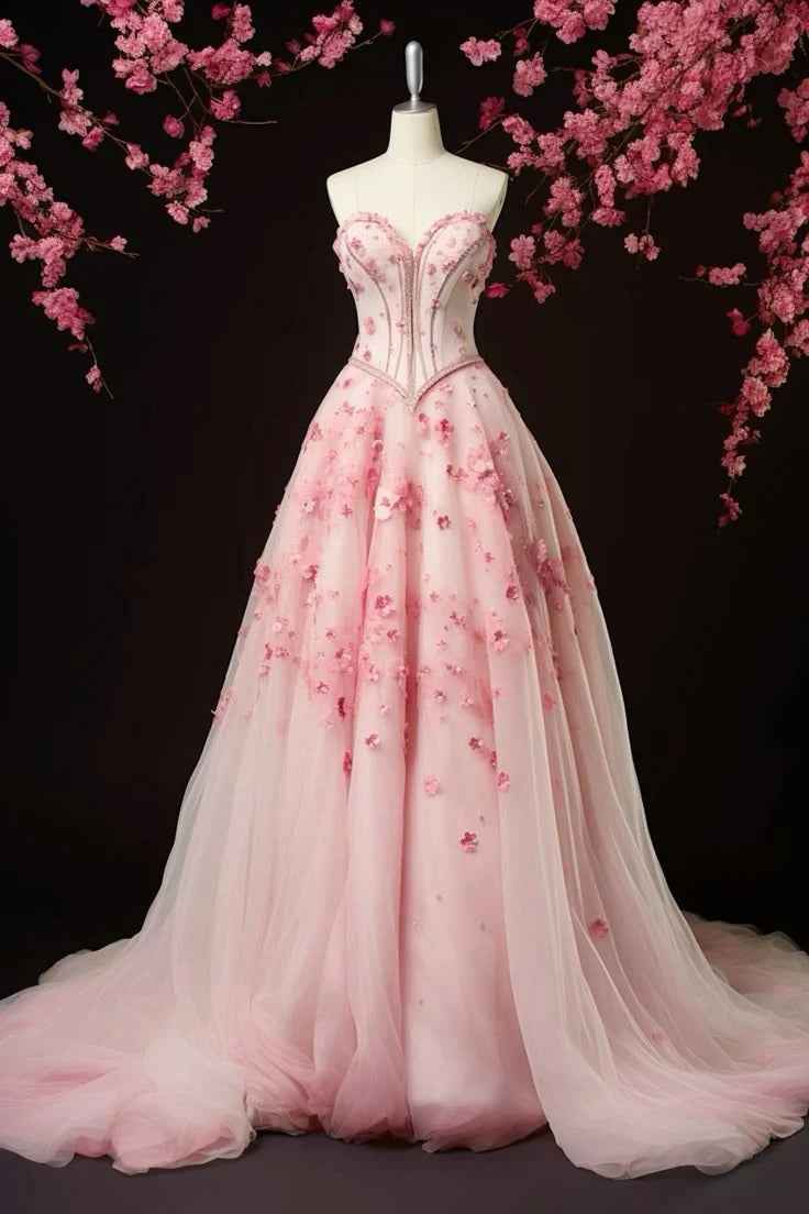 Blush Pink 3D Floral Tulle Strapless Corset A-Line Ball Gown with Train