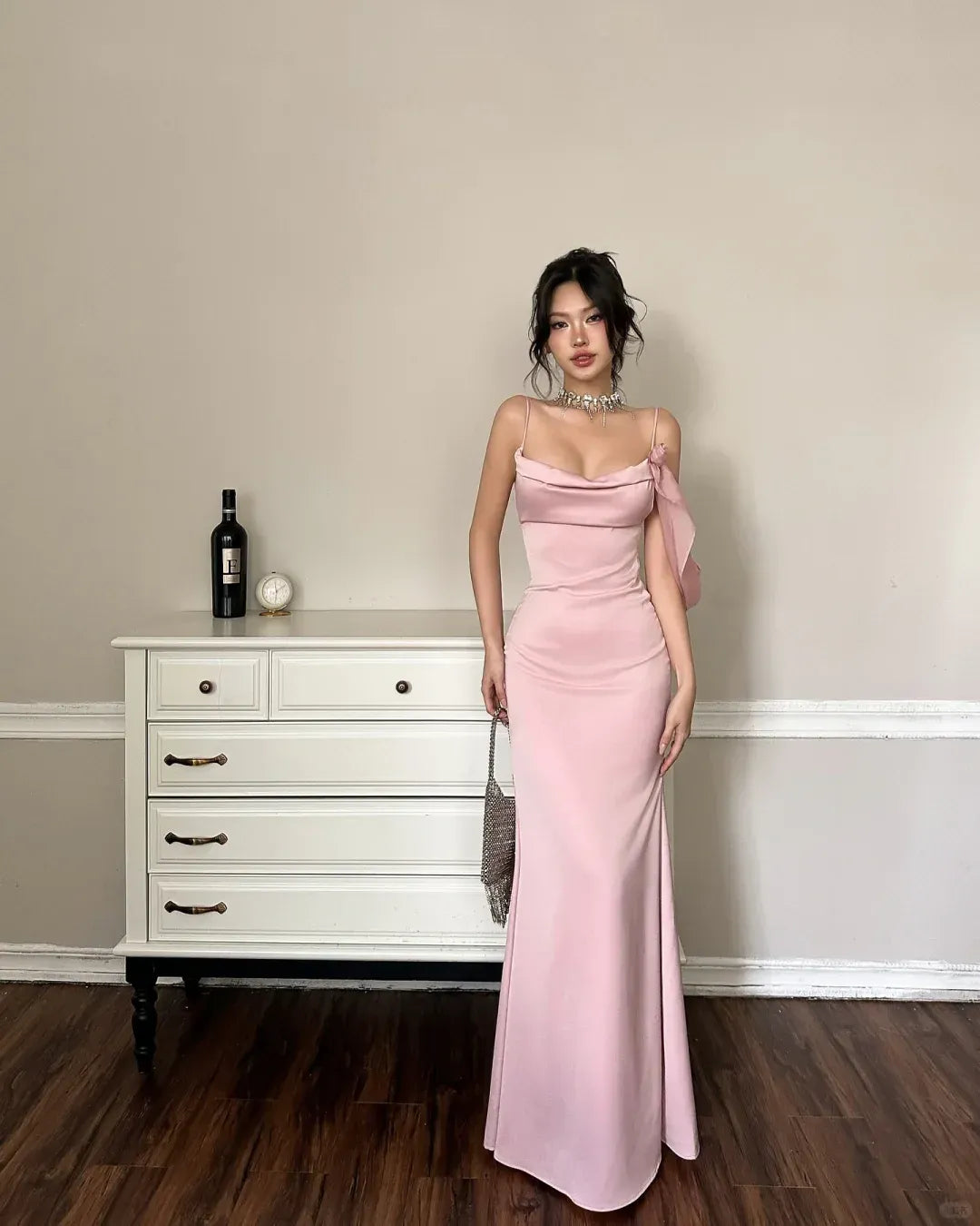 Blush Pink Backless Satin Gown – Cowl Neck Spaghetti Strap Maxi Dress with Bow Detail