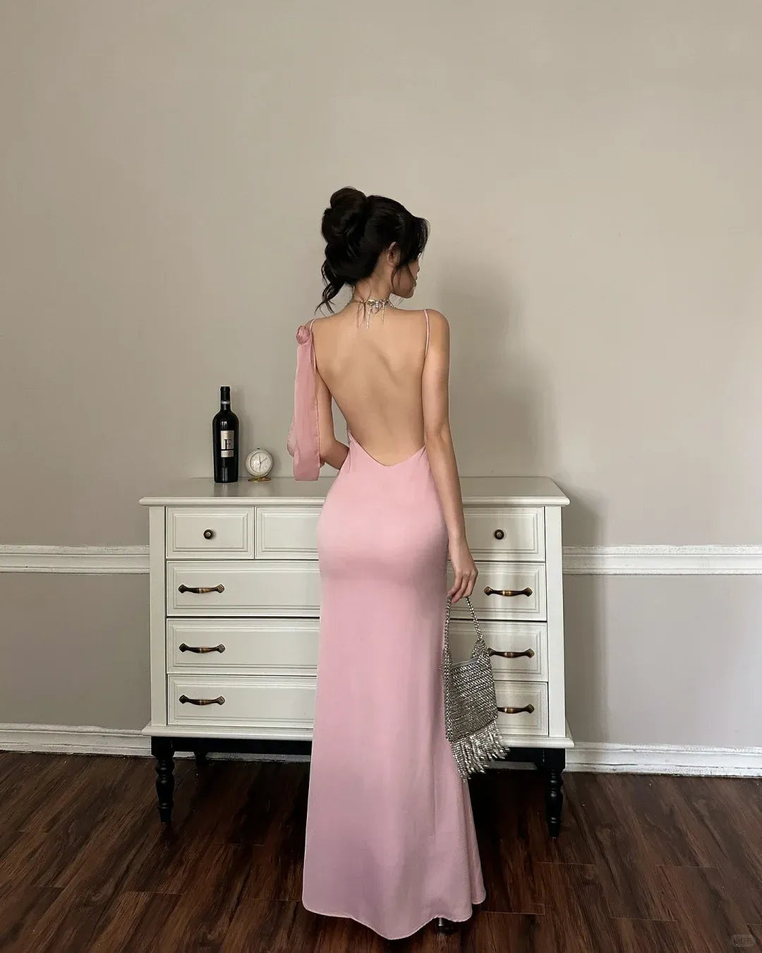 Blush Pink Backless Satin Gown – Cowl Neck Spaghetti Strap Maxi Dress with Bow Detail