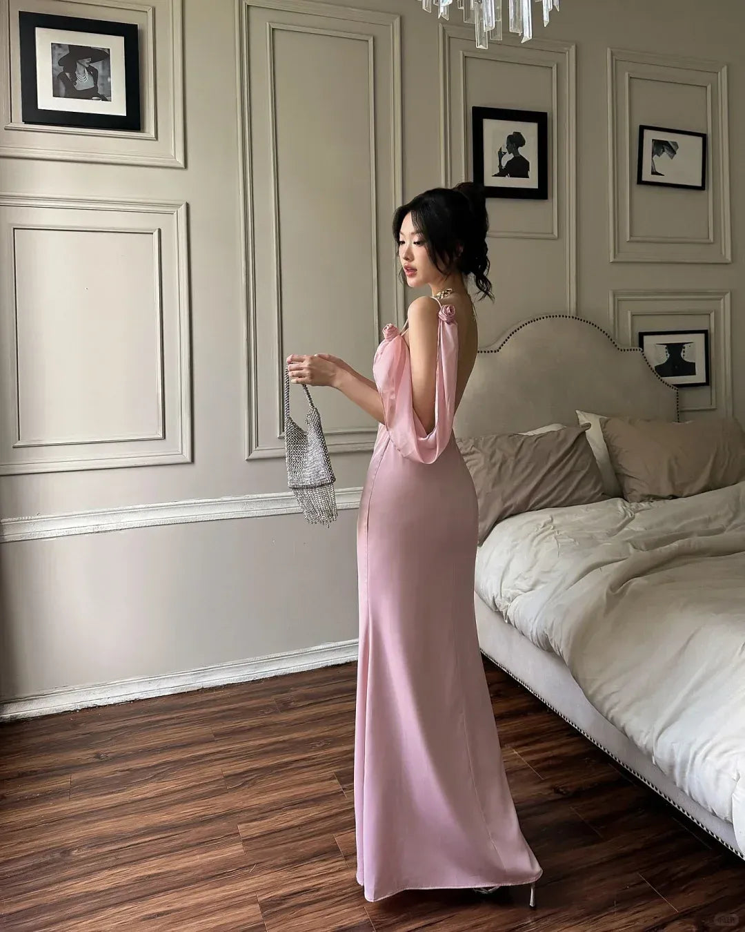 Blush Pink Backless Satin Gown – Cowl Neck Spaghetti Strap Maxi Dress with Bow Detail