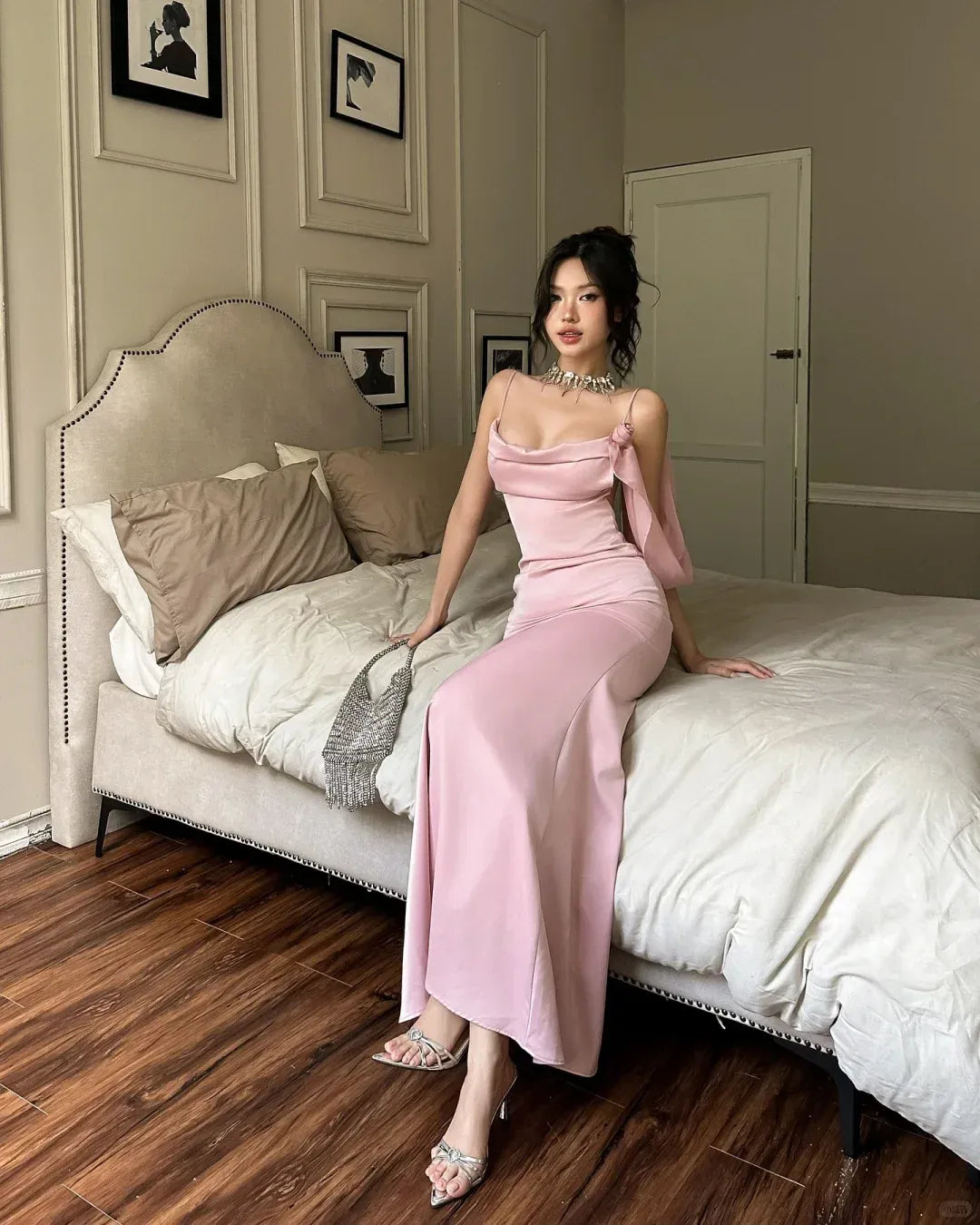 Blush Pink Backless Satin Gown – Cowl Neck Spaghetti Strap Maxi Dress with Bow Detail