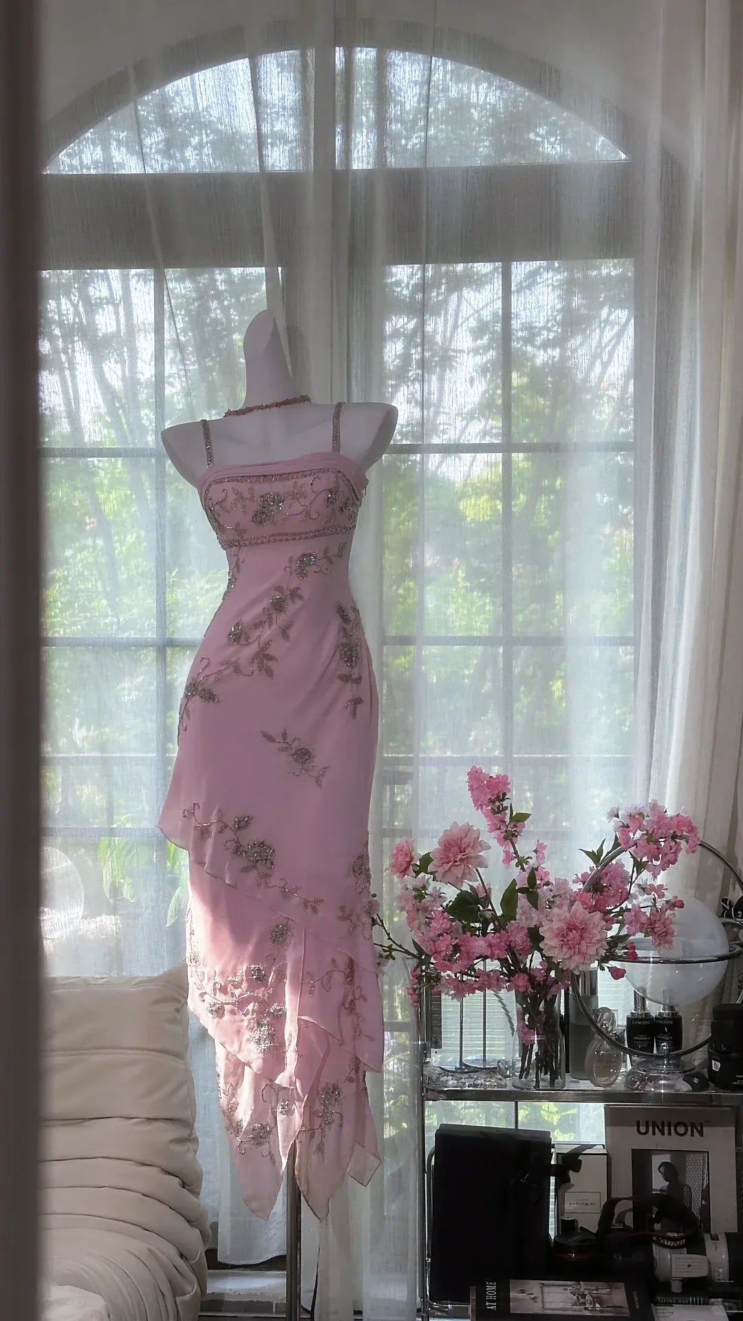 Blush Pink Beaded Floral Midi Dress – Spaghetti Strap Asymmetrical Hem Evening Dress